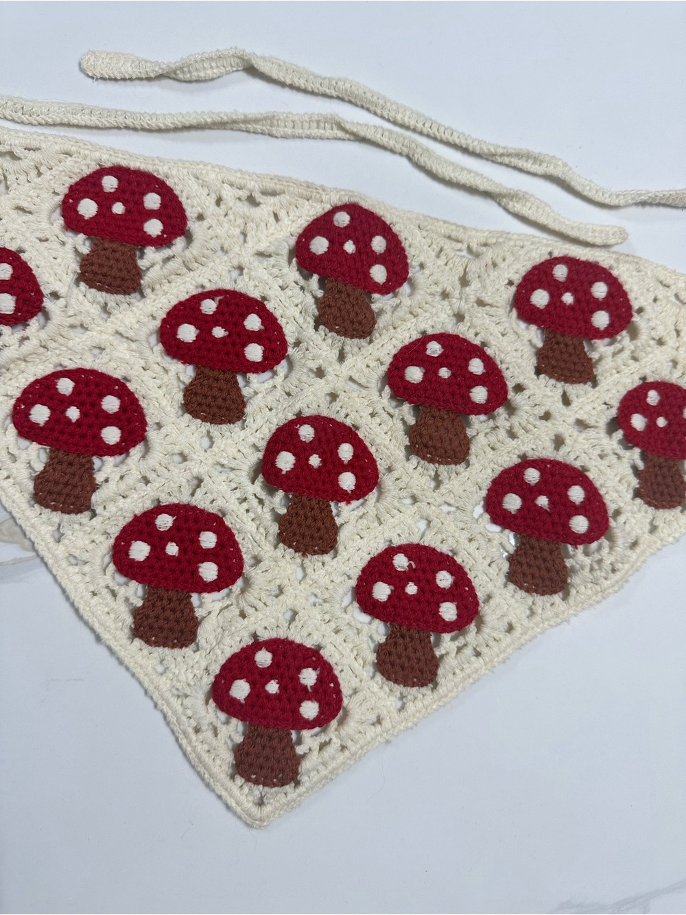 Cream Crochet Bandana with Red Mushroom Appliqués - cottagecore - whimsy
